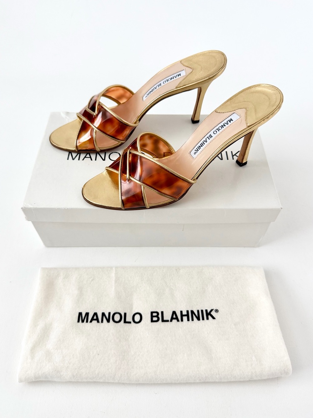 MANOLO BLAHNIK | Vintage Y2K Tortoiseshell  Vinyl Gold Leather Mules EU 37.5
